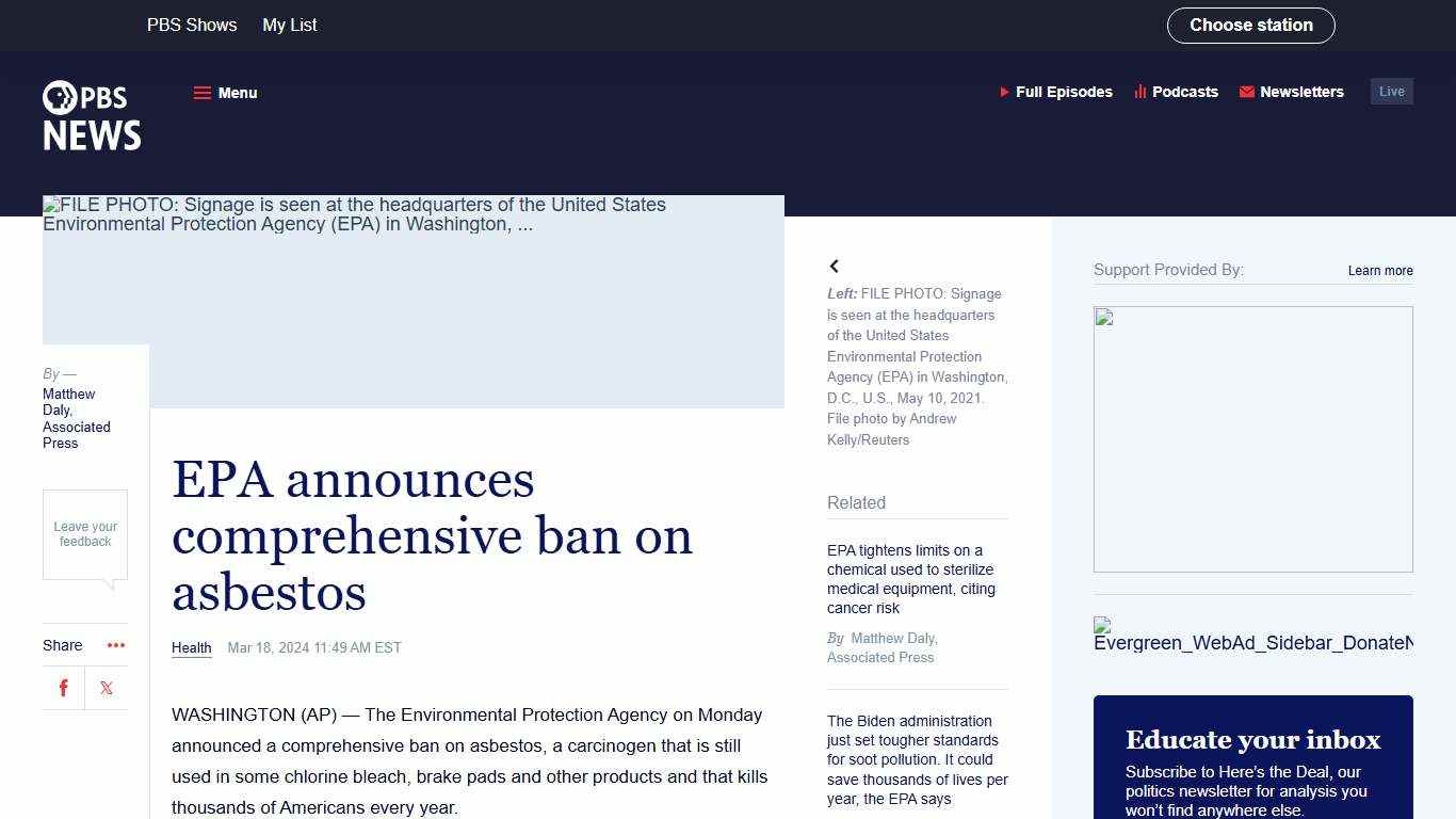 EPA announces comprehensive ban on asbestos PBS News